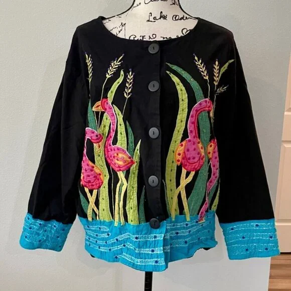 90’s Y2K FLAMINGO ALL OVER BLAZER COAT EMBROIDERED BEADED SZ XL RARE  ECLECTIC - Picture 9 of 16